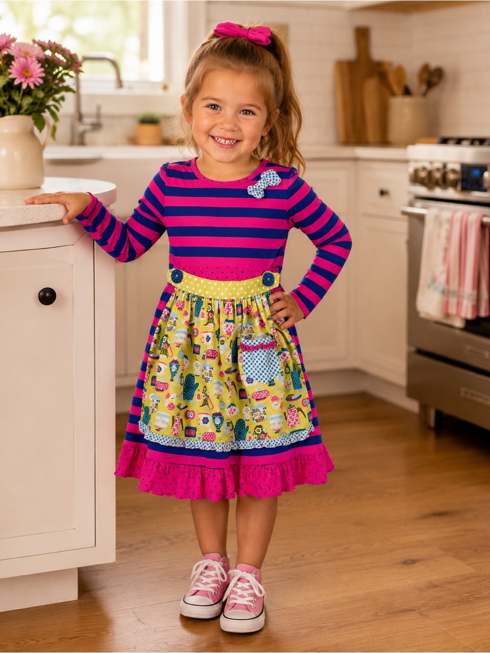Matilda Jane Make Believe Something’s Cooking apron dress Pink, blue long sleeve